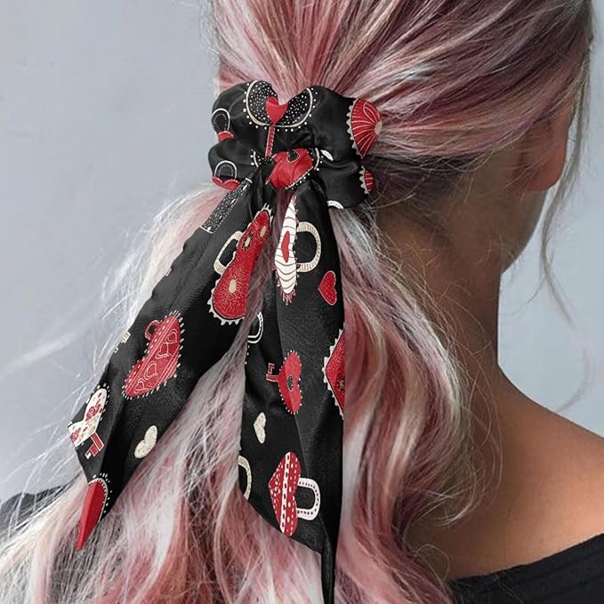 Pink Heart Bow Ribbon Scrunchies Black Hair Ties No Damage Thick Hair for Valentine's Day Satin Hair Scrunchies Pack of 2 Ponytail Holder Scraf Scrunchy