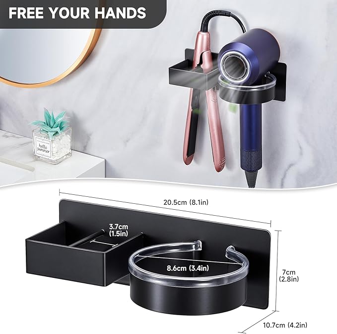 Hair Dryer Holder Blow Dryer Holder Wall Mounted, Adhesive Hair Straightener Holder, Hair Tool Organizer for Curling Iron Holder, Metal Hairdryer Holder Storage Organizer for Bathroom Vanity,Black