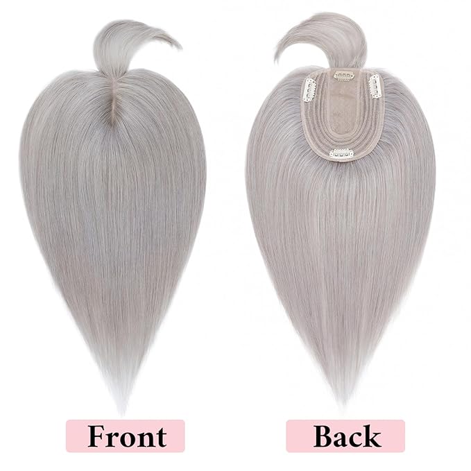 SEGO 100% Real Human Hair Toppers, with Air Bangs, Silk Base 150% Density, Clip in Topper, 2.7肺5.1・ HairPieces for Women, with Thinning/Hair Loss Cover Gray