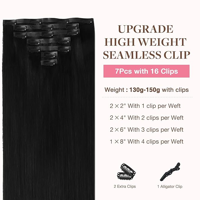 GOO GOO Clip in Hair Extensions Real Human Hair, Remy Human Hair Extensions Clip ins for Women, Natural Human Hair, 24inch 160g 7Pcs, 1 Jet black