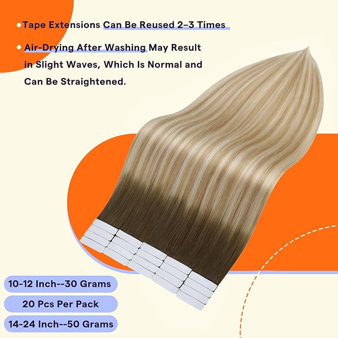 Full Shine Tape in Hair Extensions Seamless Skin Weft Color 6/27/60 White Blonde Hair Extensions Tape in Hair 50 Gram 18 Inch Brazilian Extensions for Women Double Sided Tape in Hair 20PCS