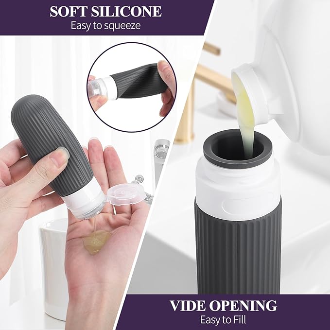 ME.FAN 18 Pack Travel Bottles for Toiletries, TSA Approved Silicone Portable Size Bottle, Refillable Cosmetic Container Kits for Conditioner, Shampoo, Lotion,Face Cream - Grey