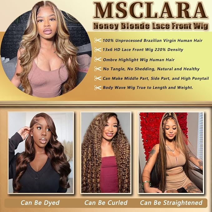 Honey Blonde Lace Front Wig Ombre 13x6 HD Lace Front Wigs Human Hair P4/27 Colored for Women 220 Density Highlight Wig Pre Plucked Body Wave Wig Honey Blonde Lace Front Wig 32Inch