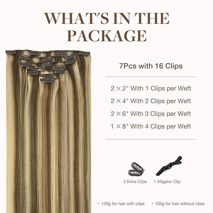GOO GOO Clip in Hair Extensions Real Human Hair, Remy Human Hair Extensions Clip ins for Women, Natural Human Hair, 18inch 120g 7Pcs, 8A/22 Medium Brown Highlighted Golden Blonde
