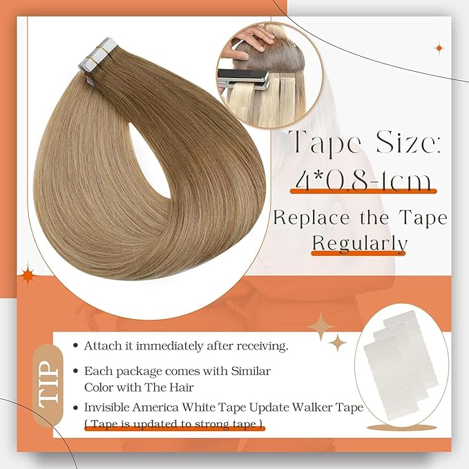 Full Shine 16Inch Tape in Hair Extensions Seamless Straight Tape in Extensions Ombre Human Hair Extensions 50G 20Pcs Color 10 Golden Brown to 14 Dark Blonde Real Remy Human Hair Extension for Wedding