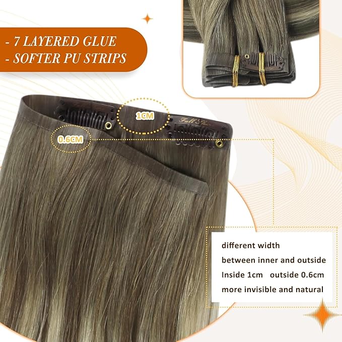 Full Shine Short Hair Extension Clip ins Brown Ombre Hair Clip in Extensions with PU Weft Ash Brown Balayage Blonde Remy Hair for Women 12 Inch 8 PCS 95 G