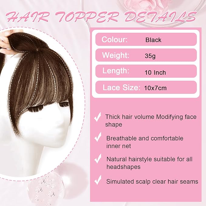 Hair Toppers for Women Real Human Hair Clip in Bangs 360° Cover Remy Human Hair Topper with Bangs for Thinning Realistic Scalp Upgrade Swiss Lace Base Hairpieces Cover Gray Hairy Roots Medium Brown
