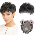 Short Human Hair Topper for Women with Hairloss,Invisible Clip in Texture Wavy Topper Hairpiece with Large Mesh 6.3x7 Ins and Silk Top Base Natural Fluffy Wiglet Hairpiece Dark Brown