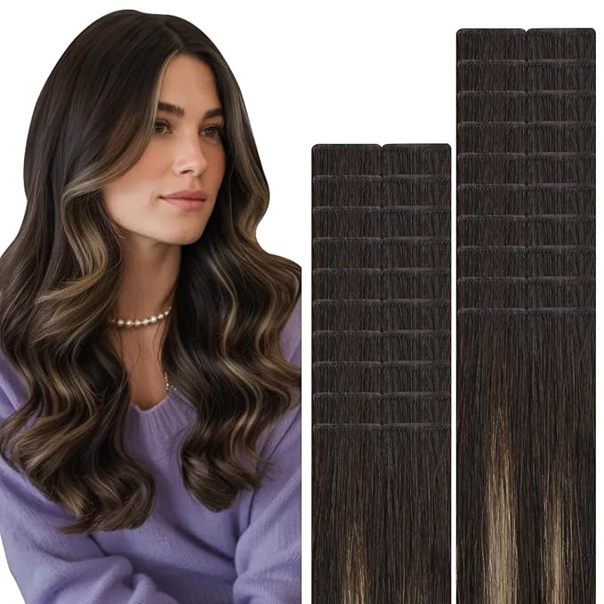 VINBAO Invisi Edge Tape in Extensions Human Hair Balayage Darkest Brown to Medium Brown Ombre Injected Tape in Hair Extensions Invisible 45g 20pcs 16inch #2/6/2