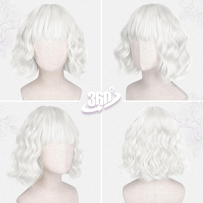 BARSDAR Short Wavy White Wig with Bangs - Short White Bob Wigs for Women - Curly Wavy Textured French Bob Wig with Bangs Soft Synthetic Natural Looking Face-Framing Daily Party Halloween