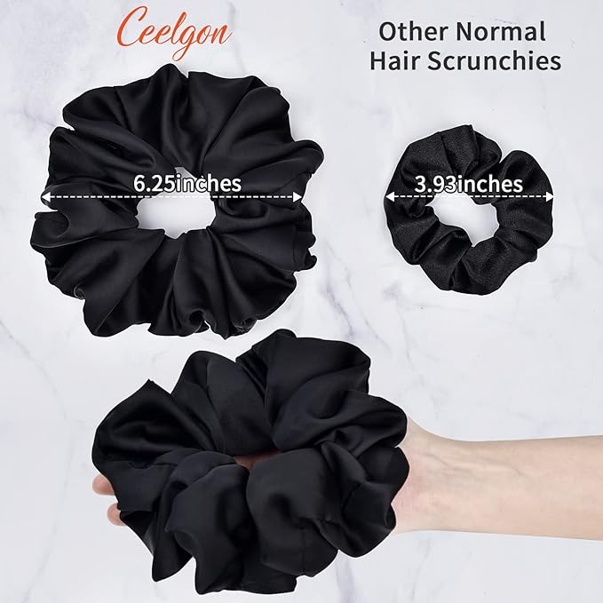 CEELGON Big Real Silk Scrunchies for Women Large Scrunchie Satin Oversized Silk Thick Elastic Hair Ties Jumbo Hair Scrunchies 3 Pack (black,pink,blue)
