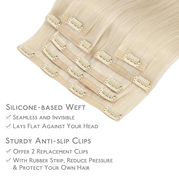 WENNALIFE Seamless Clip In Hair Extensions Human Hair, 16 Inch 130g 7pcs Platinum Blonde Real Hair Extensions Clip in Human Hair Invisible PU Skin Weft Natural Remy Human Hair Extensions