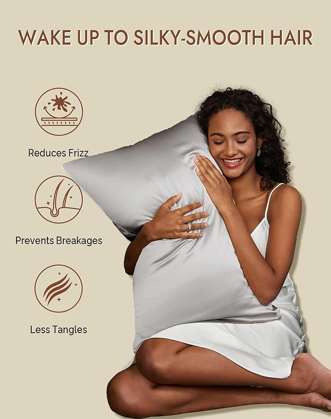 SilkSilky 100% Mulberry Silk Pillowcase - Pure 22 Momme High-Grade 6A Fibers for Hair & Skin, Envelope Closure, Natural, Organic, Breathable & Cooling Pillow Case (Standard, Silver)