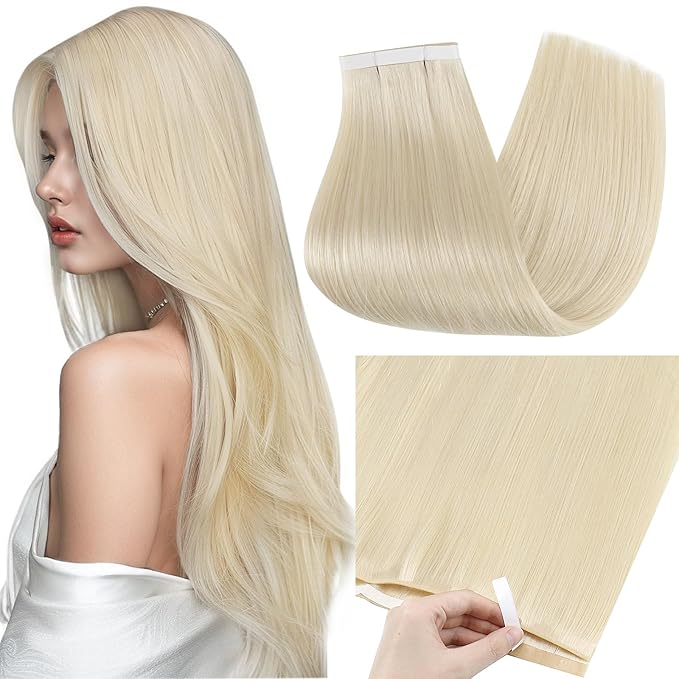 Full Shine Tape in Hair Extensions Real Human Hair for Women Color 60 Blonde PU Wide Tape in Extensions Long Genius Weft 22Inch 50G One Piece Remy Straight Hair Add Length for Daily Office Look