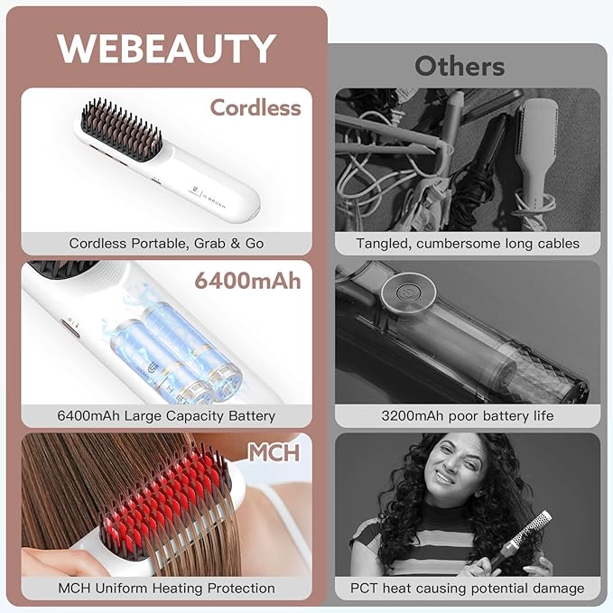 Cordless Hair Straightener Brush - [200M Negative Ions] Webeauty Portable Straightening Brush for Women, Fast Heating Straightener Mini Travel Europe Dual Voltage Car Outdoor USB Rechargeable, White