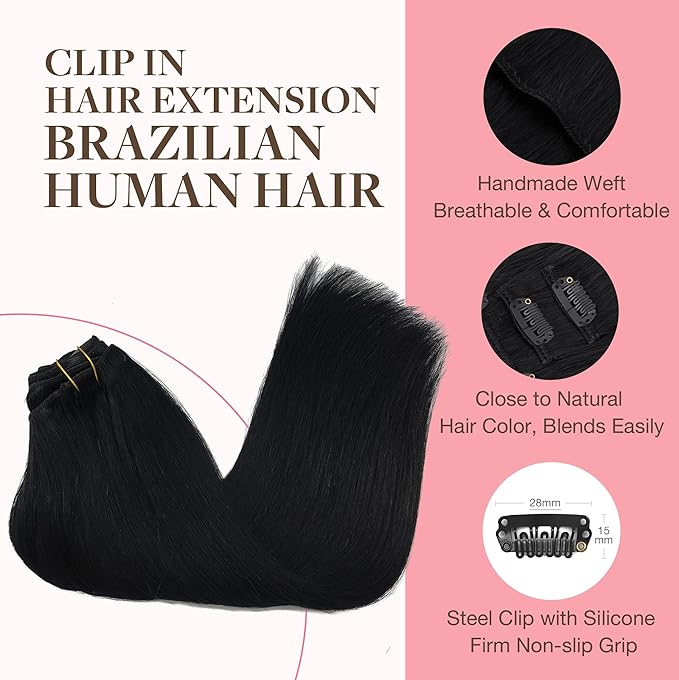 GOO GOO Clip in Hair Extensions Real Human Hair, Remy Human Hair Extensions Clip ins for Women, Natural Human Hair, 16inch 120g 7Pcs, 1 Jet black