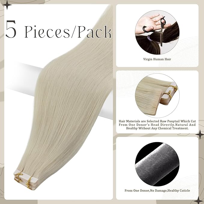 Full Shine Intact Tape in Hair Extensions 5Pcs 18 Inch Blonde Virgin Tape ins Extensions Injected Tape ins Human Hair Extensions Color 1000 Ice Blonde Seamless Skin Weft Human Hair Extension 12.5Gram