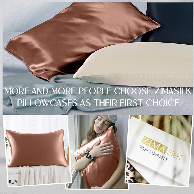 ZIMASILK 100% Pure Mulberry Silk Pillowcase for Hair and Skin Health,Soft and Smooth,Both Sides Premium Grade 6A Silk,600 Thread Count,with Hidden Zipper,1pc (Queen 20''x30'',Mocha)