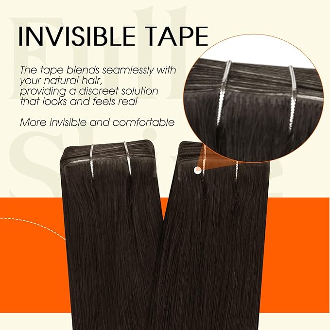 Full Shine Brown Insert Human Hair Tape in Extensions Injected Tape in Hair Extensions Color 2 Dark Brown Soft Long Extension 22Inch Seamless Skin Weft for Women Add Length 50Gram 20Pcs