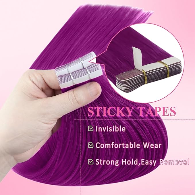 YoungSee Tape in Hair Extensions Real Human Hair Purple Invisible Tape in Human Hair Extension Purple 18 Inch Human Hair Tape in Extensions Colored 10pcs 25g Prom Night