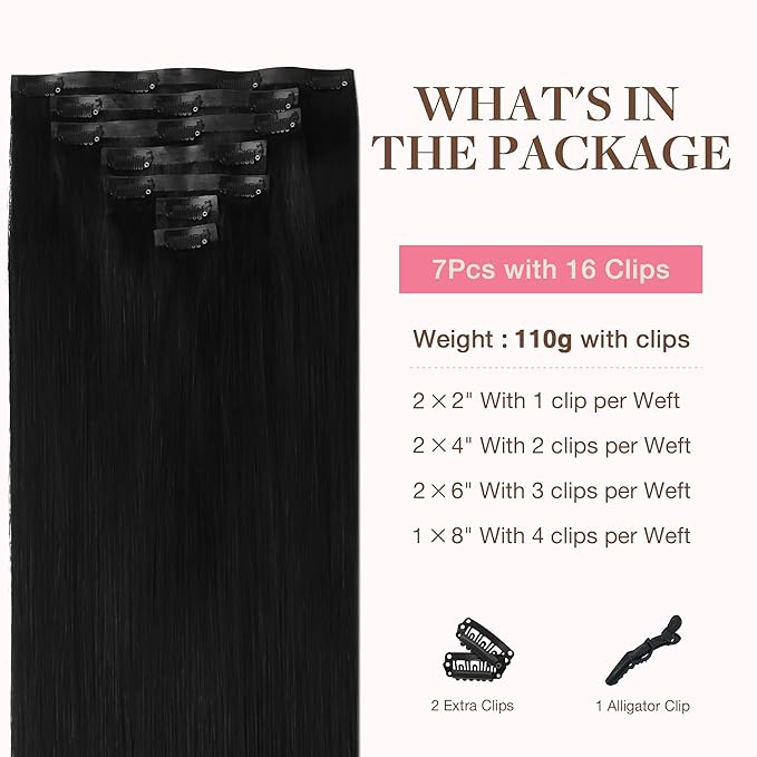 GOO GOO Clip in Hair Extensions Real Human Hair, Remy Human Hair Extensions Clip ins for Women, Natural Human Hair, 20inch 110g 7Pcs, 1 Jet black