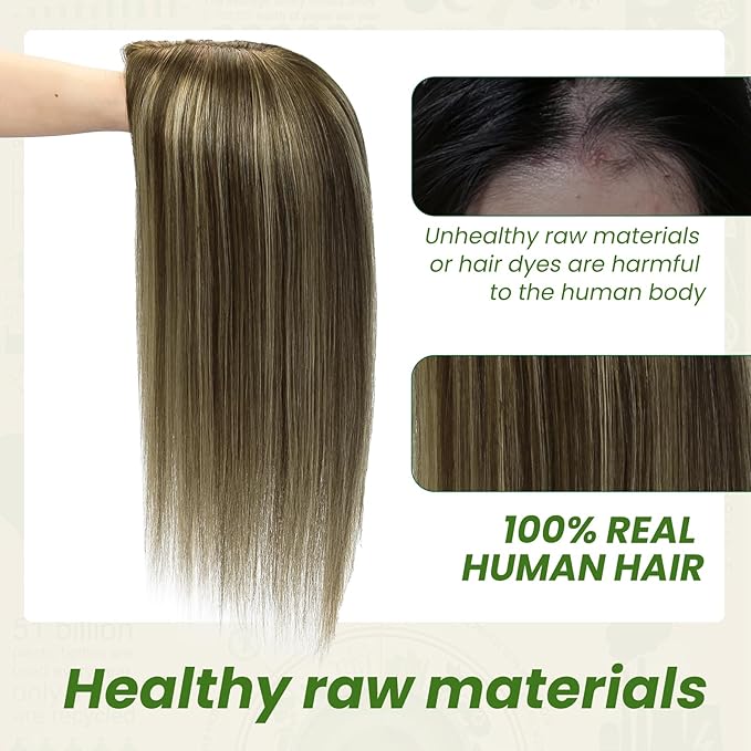 Hair Toppers for Women Real Human Hair 6x7 inch Silk Base 150 Density 65 grams 14inch Balayage Chocolate Brown To Caramel Blonde Wiglet Top Pieces Add Volume（#4274 14inch）