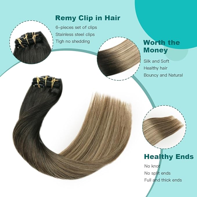 SURNEL Clip in Extensions Human Hair Natural Black to Chocolate Brown and Caramel Blonde Clip in Hair Extensions 18inch 6pcs 120g(#1B/4/27,18'')