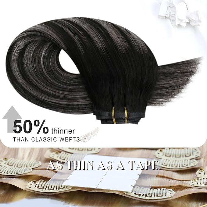 Moresoo Invisible Clip in Hair Extensions Silver Black Balayage Human Hair Clip in Extensions Black to Silver Grey Ombre Hair Extensions Clip in 18in 7pcs 120g