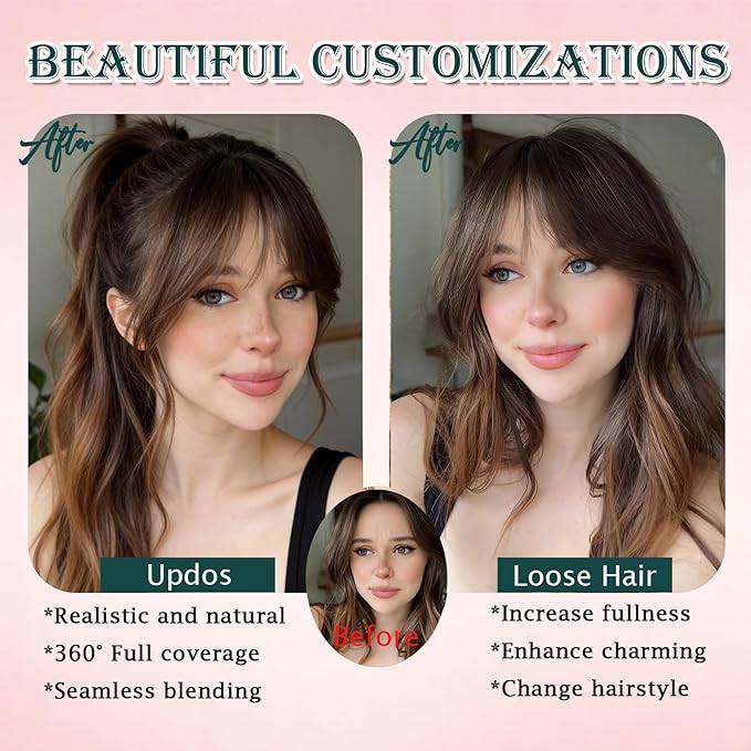 Benehair Clip in Bangs 100% Real Human Hair Extensions 360° Cover Clip on 3D Wispy Bangs for Women Topper Hairpieces for Women Medium Brown Highlights Dark Blonde