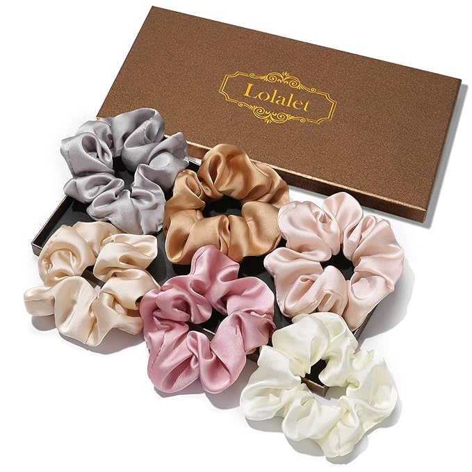 Lolalet Scrunchies for Women, Satin Hair Softer Than Silk Ties Sleep, Big Scrunchy Ponytail Holder with Elastic Bands Girls Thick Thin Curly -6 Pack, Style C