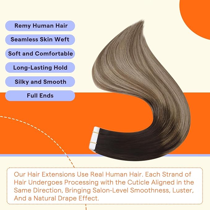 Full Shine Hair Extensions Tape Ins 16 Inch Invisible Tape in Hair Extensions Color 2 Fading to 6 and 18 Ash Blonde 50g Human Hair Tape in Extensions 20PCS Seamless Remy Extensions Add Volume
