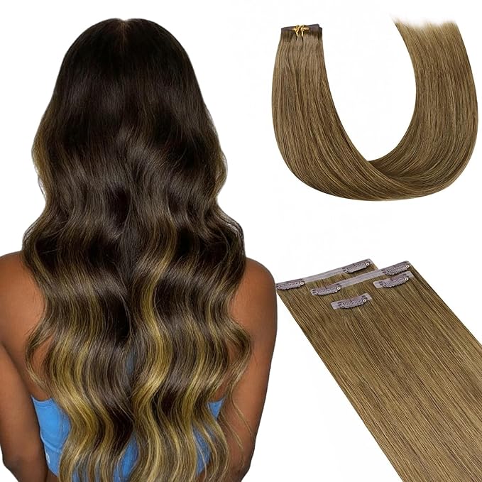 Lashey Clip in Hair Extensions Real Human Hair, 4pcs 50g Medium Brown Human Hair Extensions 22 Inch Straight Hair Extension Clips for Black Women
