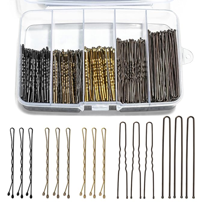 Bobby Pins and Hair Pins Combo Box 500PCS, Big Quantity Hair Pins Kit Black Brown Gold Bobby Pins and U Shape Brown for Styling Hair with Storage Box 2" / 2.4" / 2.6” for Women