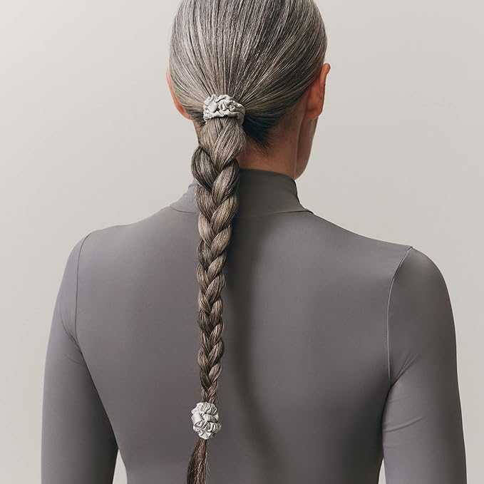slip Silk Skinny Scrunchies - Silver | Set of 4 Skinny Scrunchies | 100% Mulberry Silk, Anti-Crease, Gentle on Hair, Reduces Breakage | Stylish & Durable, Ideal for All Hair Types