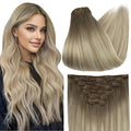 Full Shine Clip in Hair Extensions Real Human Hair Brown Balayage Clip in Real Hair Extensions Light Brown to Ash Brown Mix Platinum Blonde Natural 18 Inch 7 Pcs 120 G