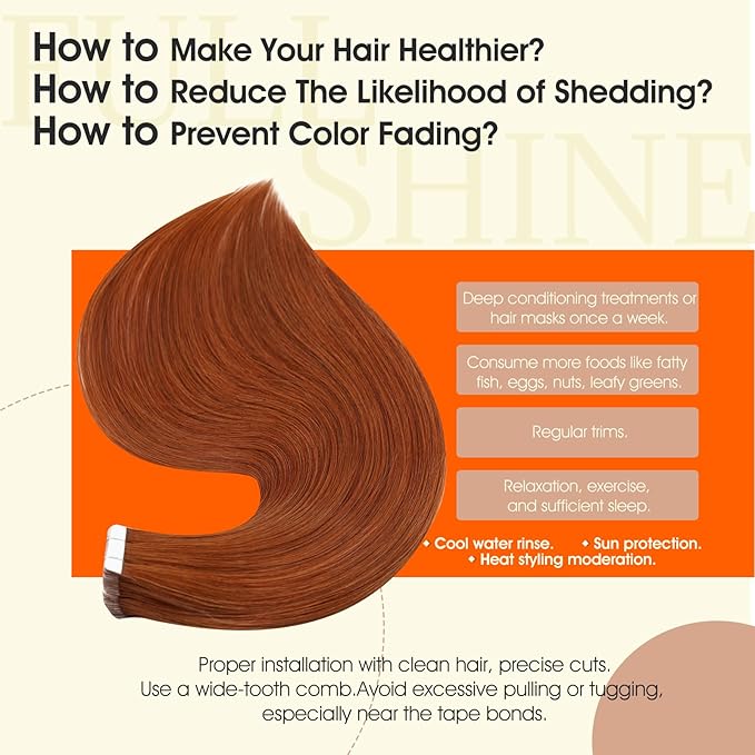 Full Shine Tape in Extensions Color 550 Red Orange Double Sided Tape in Hair Extensions Human Hair 12Inch Short Straight Extension 30Gram 20Pcs Remy Seamless Skin Weft Long Lasting Natural