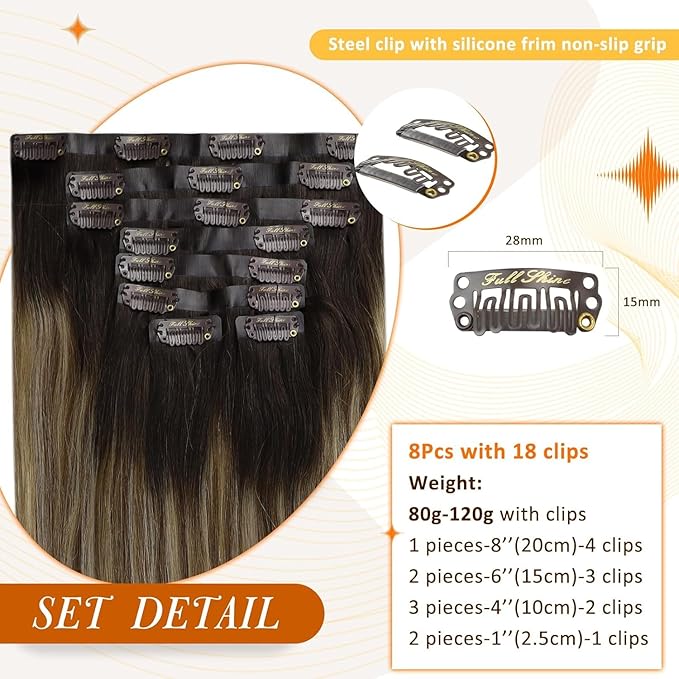 Full Shine Hair Clip in Extensions Balayage Seamless Hair Extensions Clip ins Ombre Brown to Walnut Brown Mix Honey Blonde 20 Inch Straight Hair Extension 8 PCS 120 G