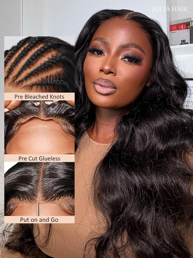 Julia Hair Body Wave Glueless Lace Front Wigs Human Hair 13x4 Pre Cut Lace Frontal Wig Pre Plucked with Bleached Knots Pre Everything Put on and Go 180% Density Ready Wear Wigs Natural Color 18 Inch