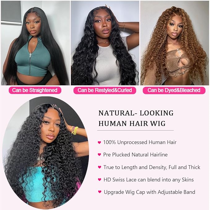 26 Inch 13×6 HD Lace Front Wigs Human Hair Water Wave 200 Density Lace Frontal Wigs Pre Plucked Deep Curly Human Hair Wig for Women Natural Black