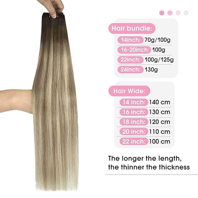 YoungSee Weft Hair Extensions Human Hair Brown Ombre Human Hair Sew in Extensions Walnut Roots to Light Brown with Blonde Balayage Weft Hair Extensions for Full Head 16Inch 100G