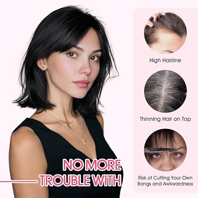 Hairro Human Hair Toppers with Side Bangs, 3D 360° Seamless Real Hair Toppers, Hand-Tied with 3.5"x4.7" T-shaped Base, Clip-In Hairpieces to Add Volume on Top, 11 Inch Medium Brown