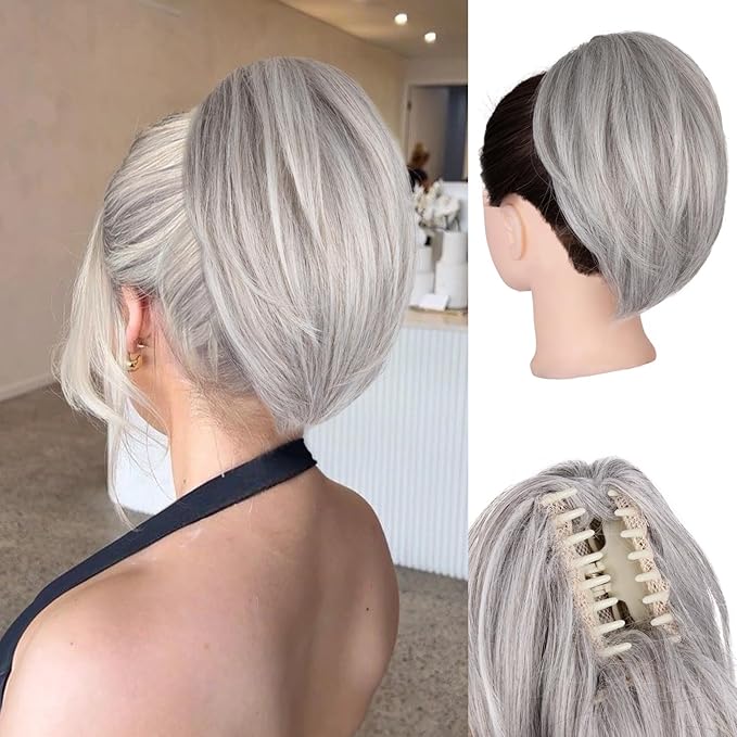 Claw Clip Ponytail Extension - 10 Inch Short Ponytail Extension, Straight Pony Tails Hair Extensions, Synthetic Hair Extensions Ponytail, Clip On Ponytails for Women (Color: Silver Grey)