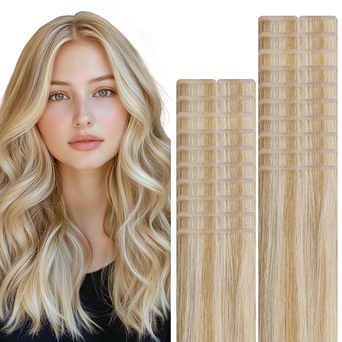 VINBAO 60g Invisi Edge Tape in Hair Extensions Human Hair Light Blonde Highlights Platinum Blonde 22in 20pcs Seamless Injected Tape ins Luxury Remy Hair 22inch #27P60