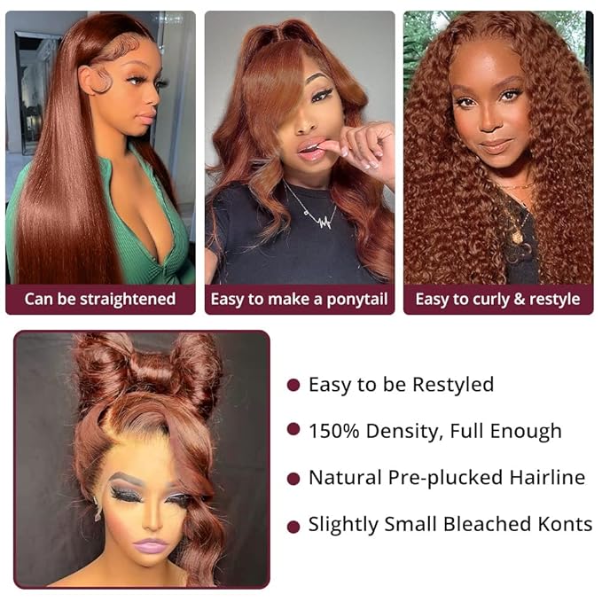 AMIRTY 200% Density Orange Ginger Lace Front Wigs Human Hair 13X4 HD Transparent Lace Front Wig Pre Plucked with BabyHair Chestnut Brown #33 Human Hair Wigs For Women Glueless Wigs