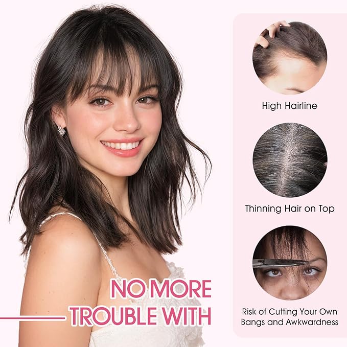 Hairro Human Hair Toppers with Wispy Bangs, 3D 360° Seamless Real Hair Toppers, Hand-Tied with 3.5"x4.7" T-shaped Base, Clip-In Hairpieces to Add Volume on Top, 11 Inch Dark Brown