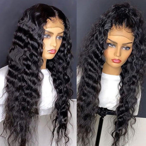 13X6 HD Lace Front Wigs Human Hair Pre Plucked Deep Curly Wave Brazilian Virgin Wigs with Baby Hair for Black Women Natural Black Color 180% Density 24 Inch
