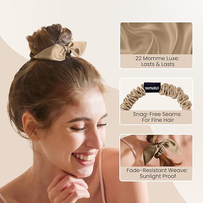 THXSILK 100% Mulberry Silk Bow Scrunchies 3-Pack, 22 Momme Mulberry Silk Hair Ties for Women, Cute Bunny Ear No Damage Ponytail Holders, Fashion Hair Accessories for Girls(S, Taupe)