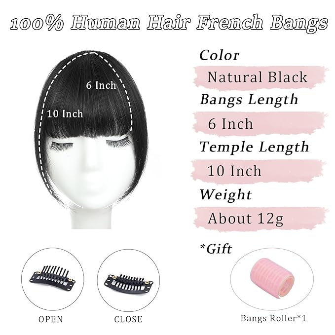Clip in Bangs Real Human Hair Natural Black French Bangs Fringe with Temples Thick Curtain Bangs Clip on Bangs Curved Fake Bangs Hairpieces for Women for Daily Wear