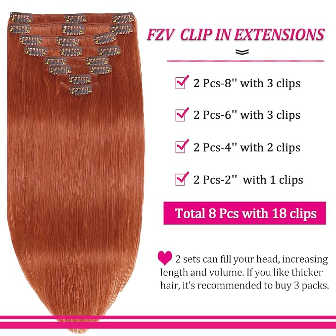 Kinky Straight Clip in Hair Extensions Human Hair Clip in Extensions 8Pcs 125g Double Weft Copper Hair Extensions Human Hair Full Head Invisible Edge Extensions（#350 24inch）