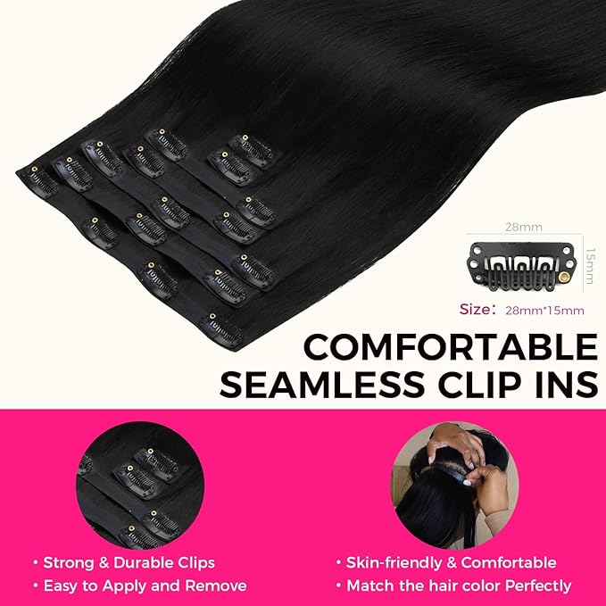 Lashey Seamless Clip in Hair Extensions Human Hair 7pcs 110g Light Yaki Straight Human Hair Extensions #1 Jet Black 18 Inch Clip in Hair Extensions for Women